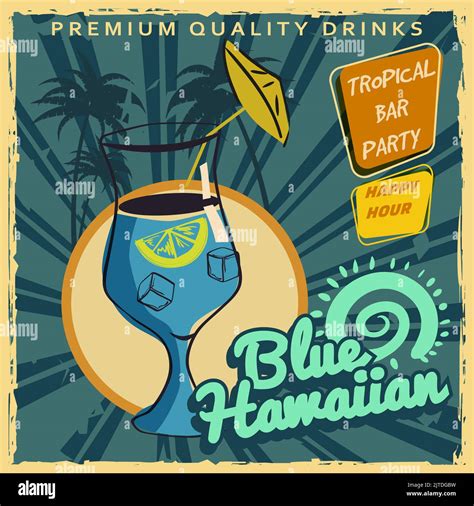 Blue Hawaiian Retro Poster Design Cocktail Lounge Vintage Background