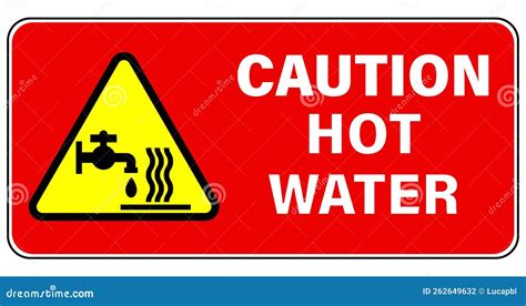 Caution Hot Water Warning Yellow Triangle Sign With Symbols Of Tap And Heat On Red Background