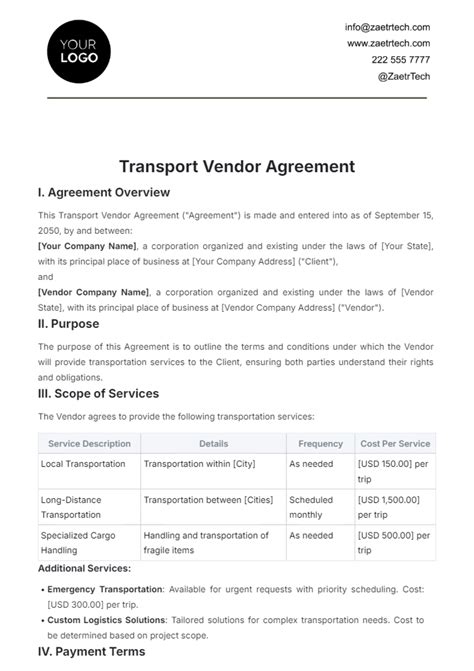 Free Transport Vendor Agreement Template To Edit Online