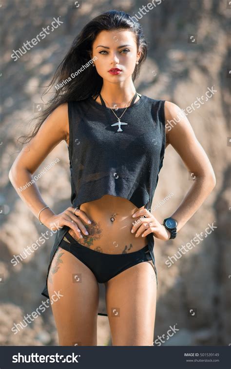 Model Black Bikini Posing On Sand Stock Photo 501539149 Shutterstock
