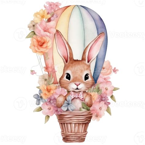 Cute Watercolor Illustration Of A Cute Bunny In A Hot Air Balloon PNG