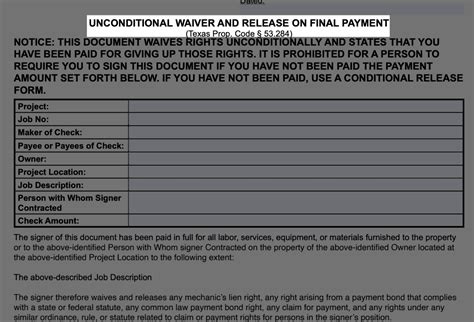 Texas Unconditional Waiver And Release On Final Payment Template And