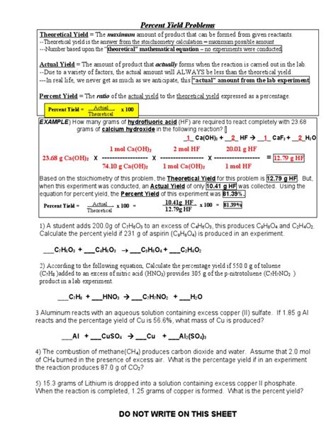 Study Guide Percent Yield WS 2 2021 PDF Stoichiometry