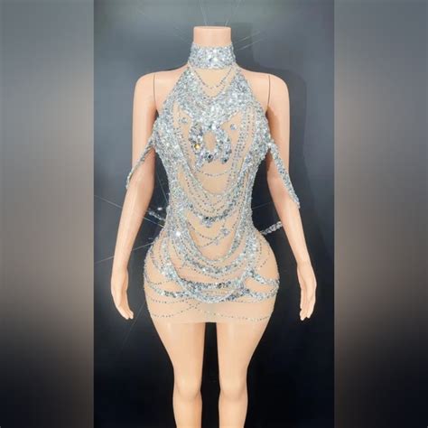 Dresses Silver Nude Mesh Rhinestone Mini Party Dress Poshmark