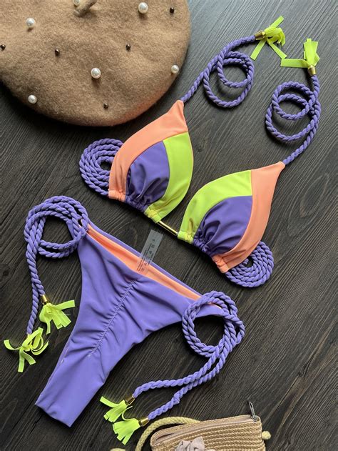 Bikini Tejido A Mano Con Cuerda Trenzada Traje De Baño Sexy De Mujer Con Diseño De Bloques De