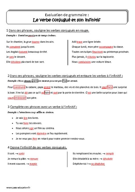 Infinitif et verbe conjugué Cm1 Bilan Pass Education