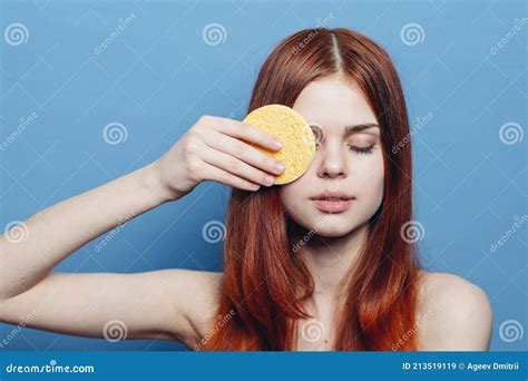 Attractive Woman Red Hair Naked Shoulders Sponge In Hands Skin Care Stock Image Image Of