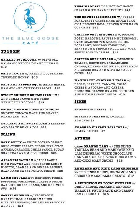 Menu At The Blue Goose Cafe Gerringong