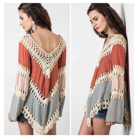 Women S Loose Bohemian Long Sleeved Hollow Blouse Color Matching Linen Bikini Beach Sunscreen