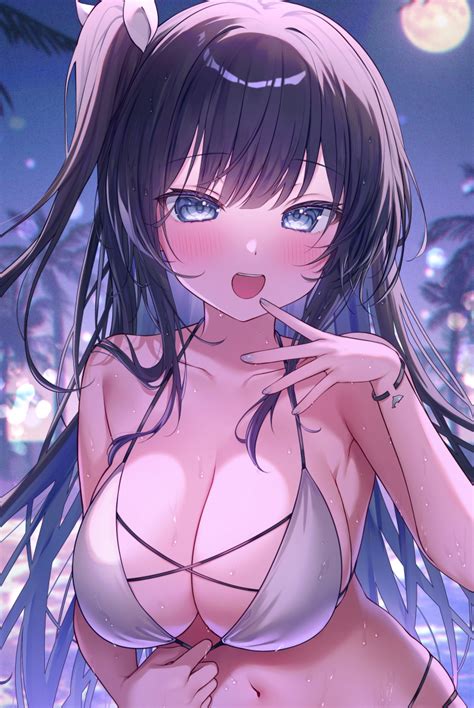 Gyozanuko Original Commentary Request Armpit Peek Bikini Blue Eyes Blue Hair Blurry