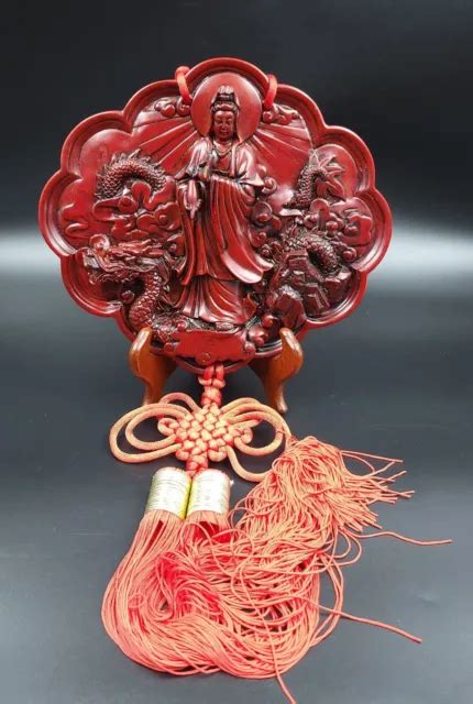 Chinese Good Luck Jade Kuan Quan Yin Dragon Wooden Red Wall Feng Shui