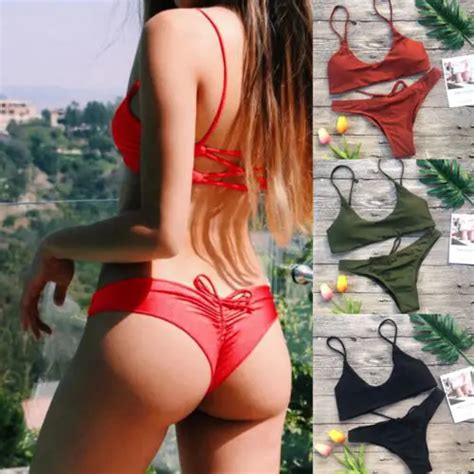 Hot Women Bikini Set Push Up Padded Bathing Suit Solid Color Swimsuit Bandage Beachwear Low