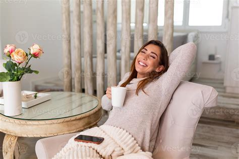 Cup Of Tea Coffee And Chill Woman Lying On Couch Drinking Hot Coffee And Enjoying Morning