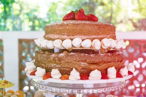 Detail Of Strawberry And Meringue Naked Cake Seen From Above Stories High Colored Light