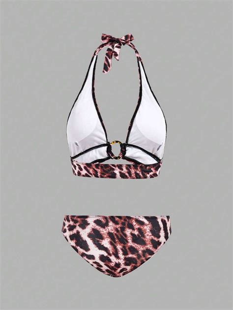 SHEIN Swim Oasis Women S Summer Beach Leopard Print Halter Strap Sexy Bikini Set With Cover Up