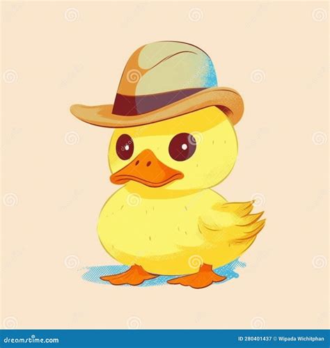 Cute Little Duck Wearing Hat Cartoon Illustration Stock Illustration