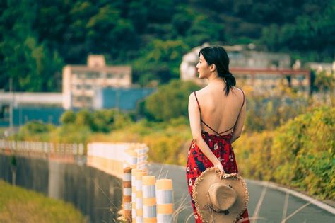 K Asian Brunette Girl Back View Human Back Dress Hat Bokeh Rare Gallery HD