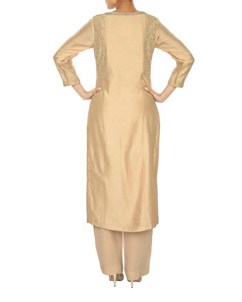 Trikon Nude Chanderi Straight Kurta Set By Varsha Talera The Secret Label