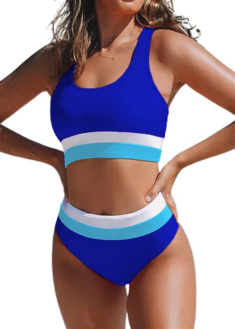 Amazon Hilinker Women S High Waisted Bikini Cut Out Sports Crop Top Color Block Swimsuit