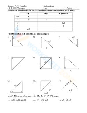 45 45 90 Triangle worksheets