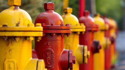 A Row Of Red And Yellow Fire Hydrants Premium Ai Generated Image