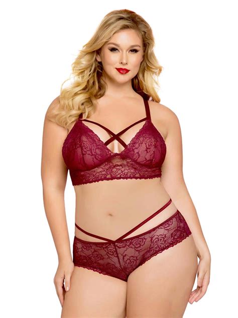 Womens Plus Size Lace Bralette Set Rose Lace Bra Top And Lattice Back Panty Lingerie Walmart