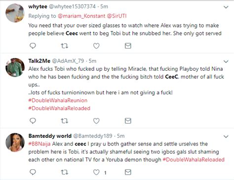 BBNReunion Twitter Nigeria Reacts After Cee C Claimed That Alex And Tobi Had Sex In Her Hotel