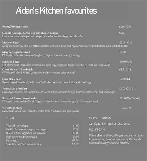 Menu At Aidans Kitchen Cafe Newcastle Upon Tyne