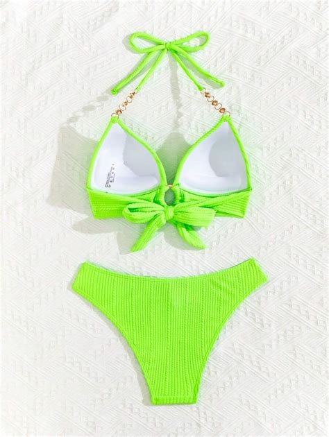 Shein Swim Women Halter Neck Solid Chain Detail Bikini Swimsuit Set