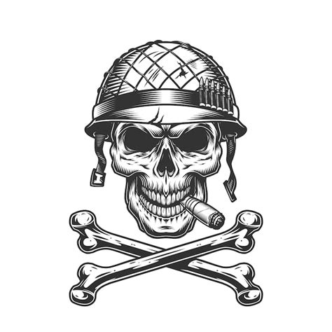 Cráneo de soldado monocromo vintage en casco Vector Gratis