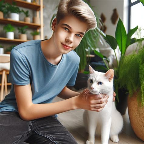 Twink Boy Teen With Smooth Blonde Hair Interacting With White Cat AI Art Generator Easy Peasy AI