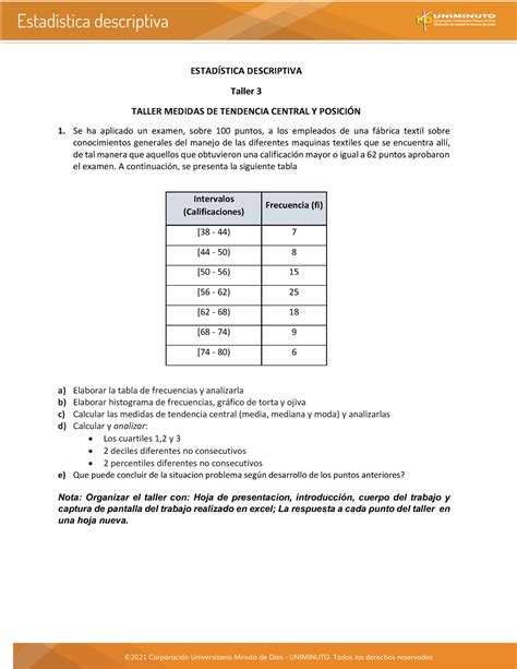 Taller 3 Estadistica descriptiva ESTADÍSTICA DESCRIPTIVA Taller 3
