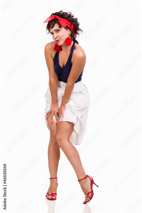 Sexy Brunette Pin Up Girl Wearing White Skirt And Blue Top Stock Photo Adobe Stock