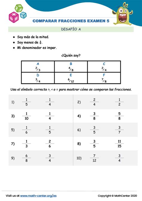 Quinto Grado Pruebas Comparar Fracciones Math Center