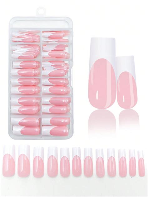 Pcs Long Press On Nails Square Nude French Fake Nails Glossy Long