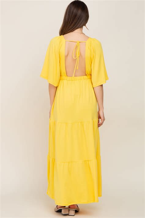 Yellow Deep V Neck Tiered Maternity Maxi Dress Pinkblush