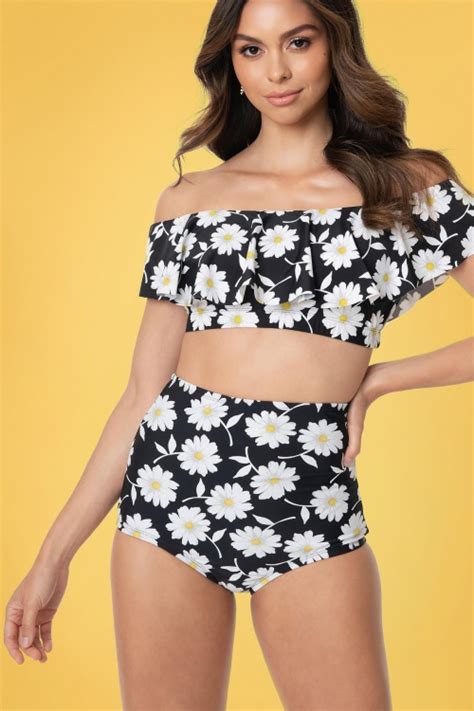 Unique Vintage Louise High Waist Floral Bikini Bottoms Années en Noir et Blanc Acheter chez