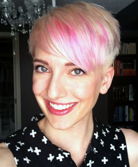 Pink Bangs On A Platinum Pixie So Cute Blonde Hair With Pink Highlights Short Hair