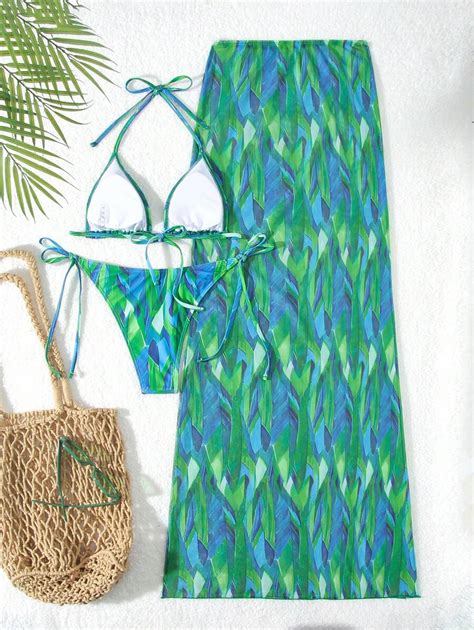 Conjunto de Maiô Bikini Casual Top Halter e Parte de Baixo Estampa Total e Capa para