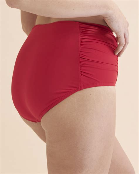 JANTZEN Solid Shirred Side High Waist Bikini Bottom Red Bikini Village