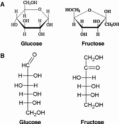 Glucose versus fructose chemical structure. (A) The hemiacetal group of ...