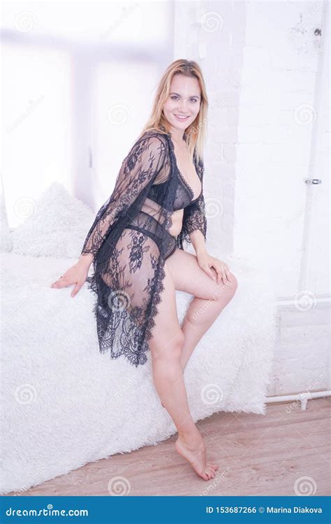 Plus Size Caucasian Woman Dressed In A Beautiful Lace Black Lingerie Stock Photo Image Of