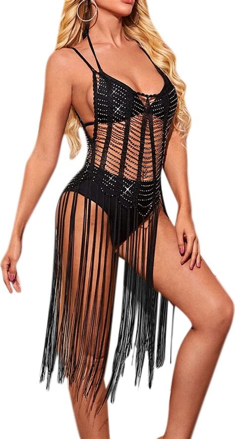 Eilova Orityle Women Sexy Rhinestone Swimsuit Cover Ups See Through Dress Crochet Beach Bikini