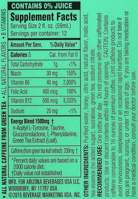 Arizona Green Tea Nutrition Facts Caffeine Nutrition Ftempo