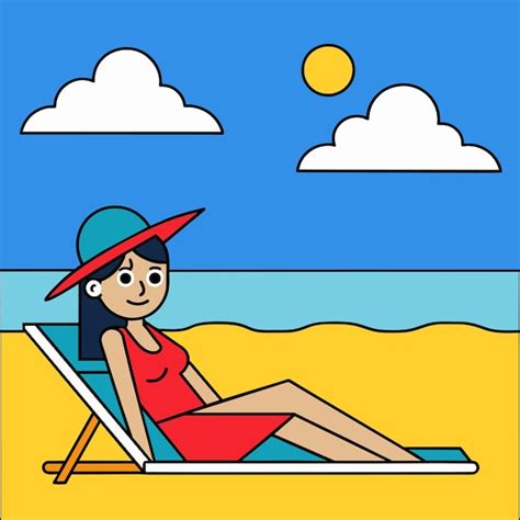 Femme en bikini fille d été en vacances maillot de bain de plage dessin animé stylé dessiné à