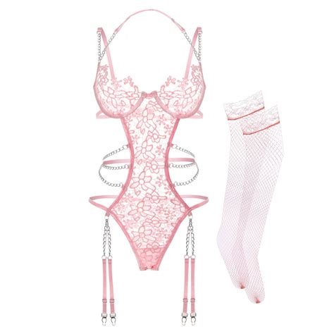Brahaos Women Lingerie Set Floral Lace Teddy Strap Chain Babydoll Bodysuit Bra And Panty Set