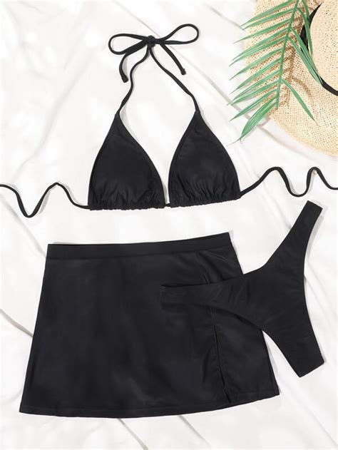 Shein Swim Basics Mono Bikini Set Halter Triangle Bra Top Thong Skirt Piece Bathing Suit