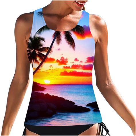 Utsjkr Plus Size Swimwear Sunset Print Tankini Bikini Set For Women