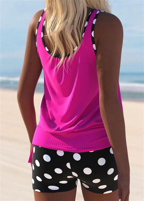 Polka Dot Contrast Binding Hot Pink Tankini Set Rosewe USD 35 98