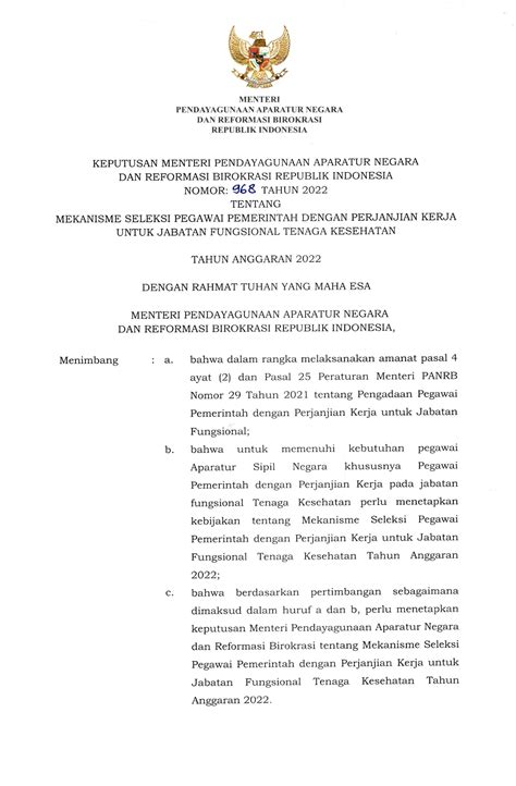 Kepmenpanrb Tentang Mekanisme Seleksi Pppk Untuk Jabatan Fungsional Pdf